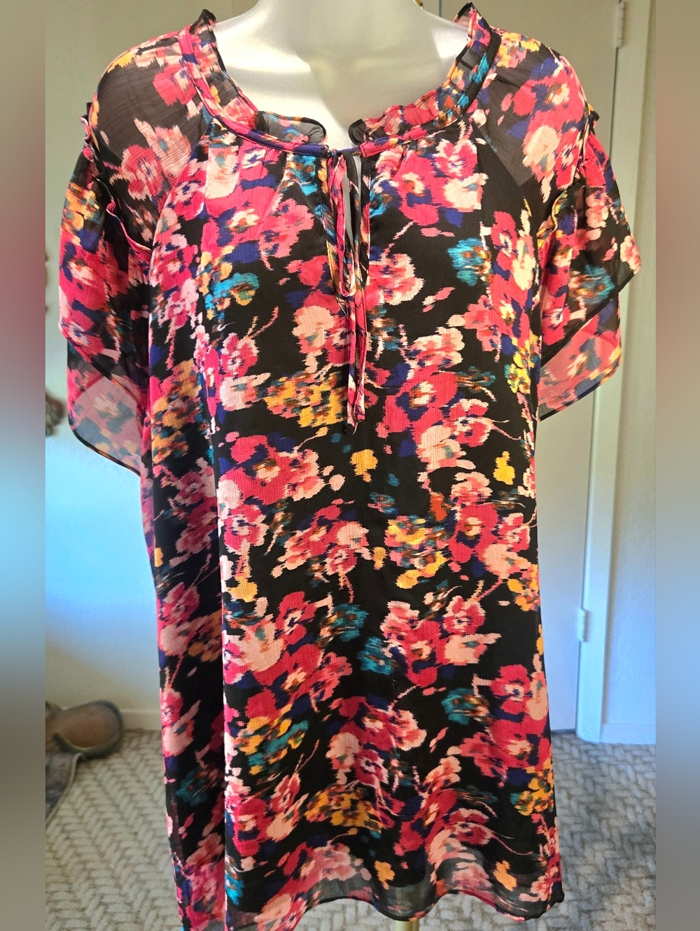 Tamara H. Black And Multicolor Floral Tie-Neck Blouse